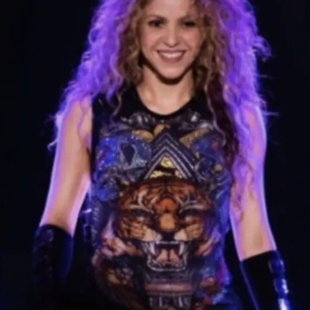 BALMAIN Embellished distressed tiger printed cotton-jersey top seen on Shakira